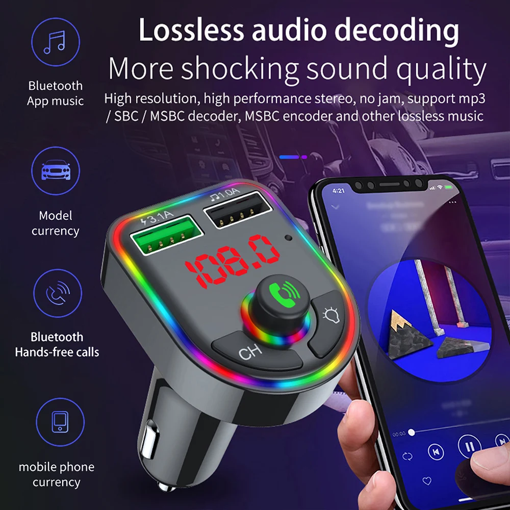 

Colorful LED Bluetooth Wireless Car kit Handfree FM Transmitter Dual USB Car Charger 3.1A MP3 Music TF Card U disk AUX Player