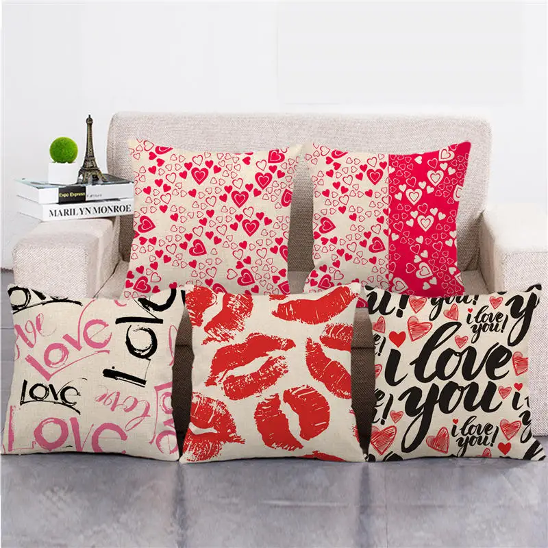 

Single Side Print Lip Love Valentine Day Sqaure Imitation Linen Cushion Cover Seat Sofa Throw Pillow Cases Home Decor 45x45cm