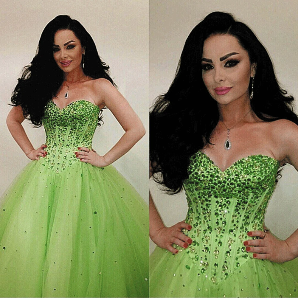 

SuperKimJo Vestido De Festa Sparkly Prom Dress Ball Gown Beaded Crystals Lime Green Elegant Prom Gown Robe De Soiree