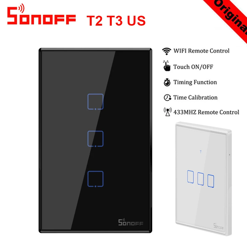 Интеллектуальный выключатель света Sonoff T2 T3 переключатель Wi-Fi нам 120 Размеры 1/2/3 серии TX 433 МГц RF Дистанционное управление с границы работает с Alexa Google Home
