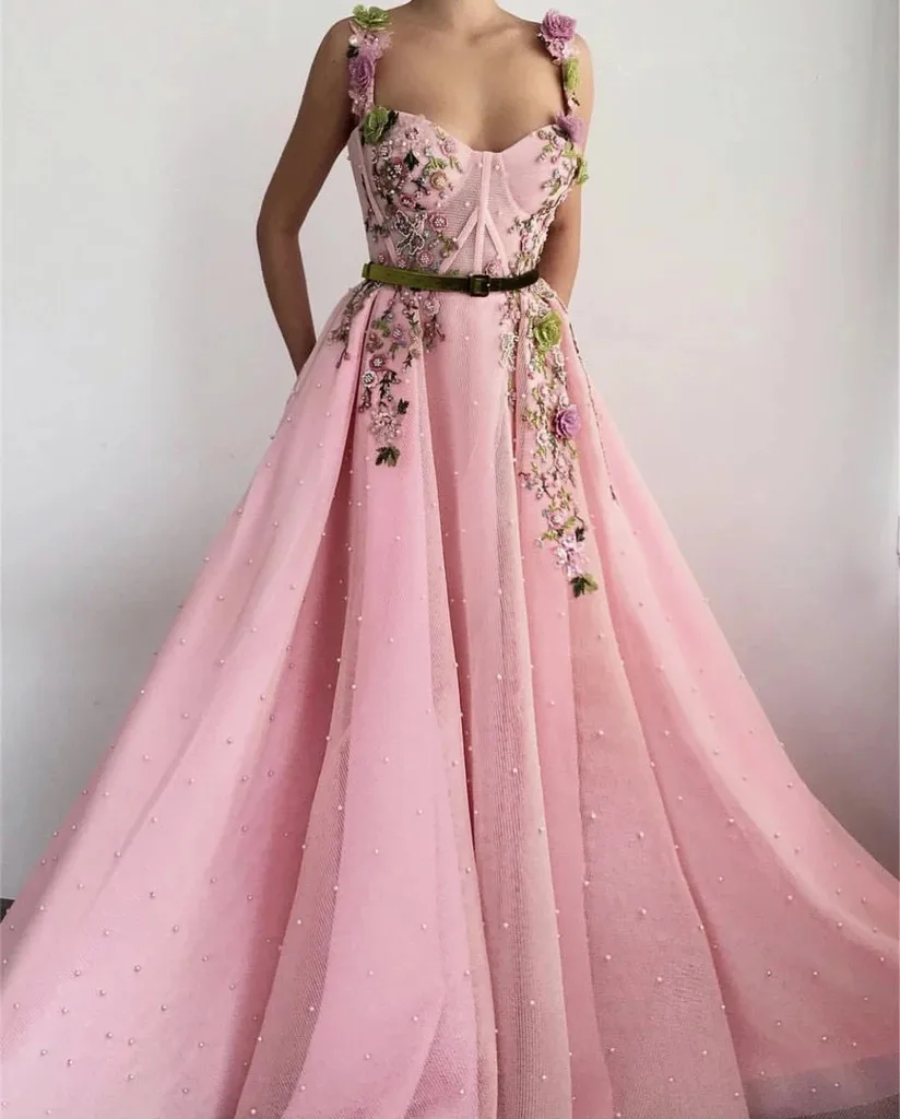 

Pink Moroccan Evening Dresses A-line Spaghetti Straps Tulle Pearls Long Luxury Turkey Dubai Saudi Arabia Prom Dress Gown