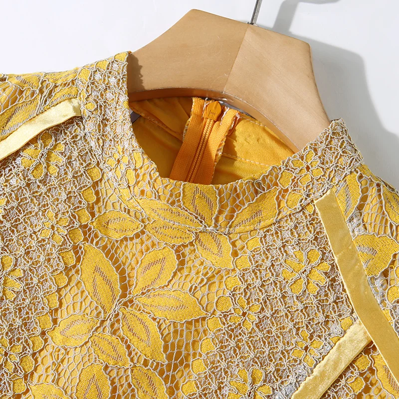 

COIGARSAM Vintage Patchwork Women Long dress New Summer Lace Dresses Yellow Light Blue 6649