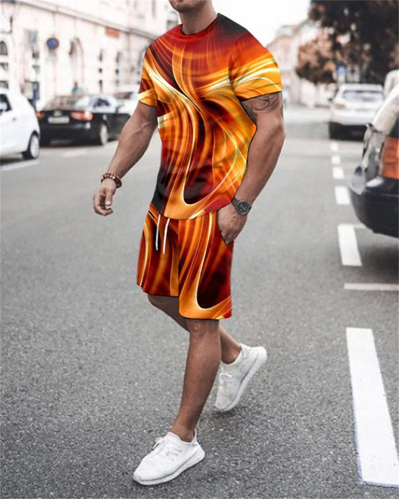 Men's clothing suit short-sleeved flame 3D T-shirt + pants summer sports suit handsome clothing suit teenagers