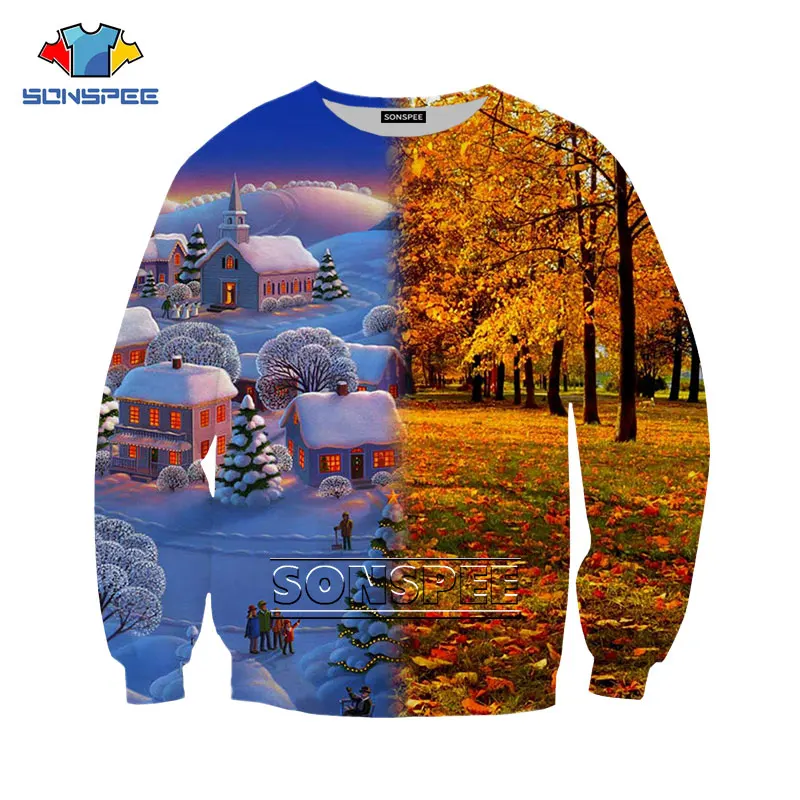 

Novelty Winter Snow Scene and Autumn Maple Leaves Pincou Contrast Color Splicing Sweatshirt Fashion Oversized Itself Tracksuit