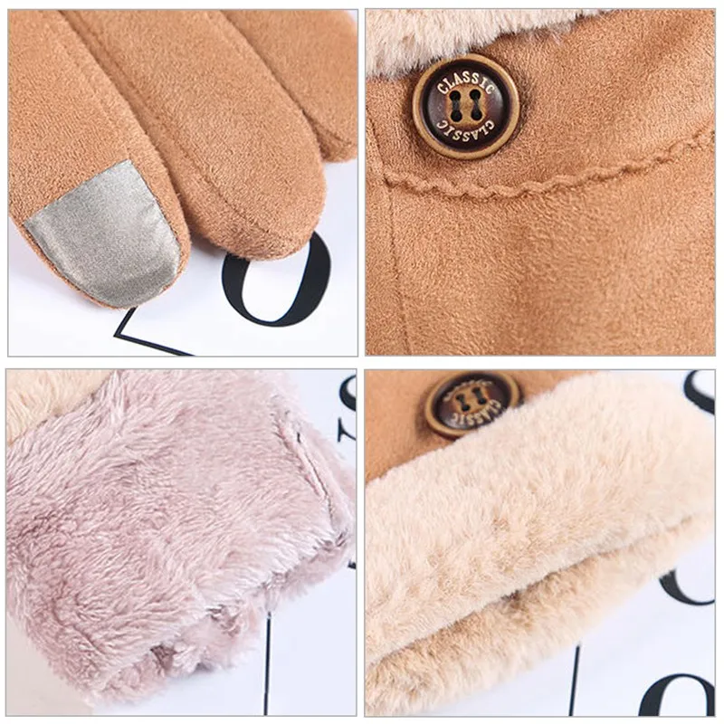 

Women Touch Screen Suede Glove Winter Double Layer Furry Mittens Warm Snowflake Embroidery Outdoor Fashionable Gloves