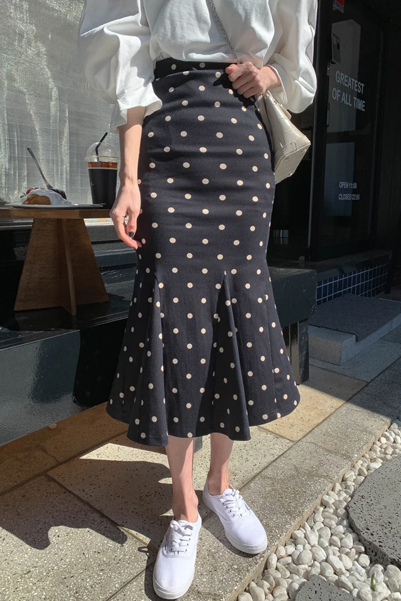 

summer korean clothes vintage casual flare sleeve T shirt white top and high waist polka dot ruffled two piece skirt set women