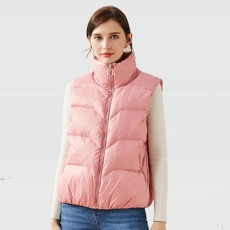 

2022 New Fashion Autumn Winter Women Ultra Light White Duck Down Coat Female Casual Solid Vest Loose Stand Outwear Waistcoat