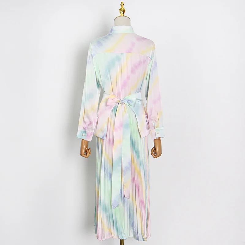 

Женское плиссированное платье макси, винтажное платье с принтом, отложным воротником, длинным рукавом, высокой талией, завязкой и бантом, 2021