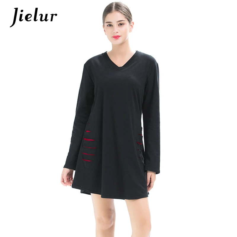 Женская футболка с V-образным вырезом длинным рукавом и дырками | одежда