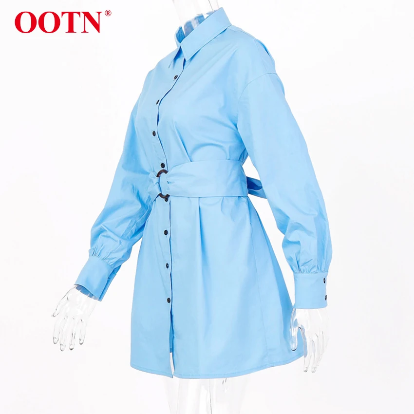 OOTN, отложной воротник, синяя туника, платье-рубашка, женское платье с длинным рукавом и поясом, офисное женское мини-платье, Осень-зима, повседневное белое платье