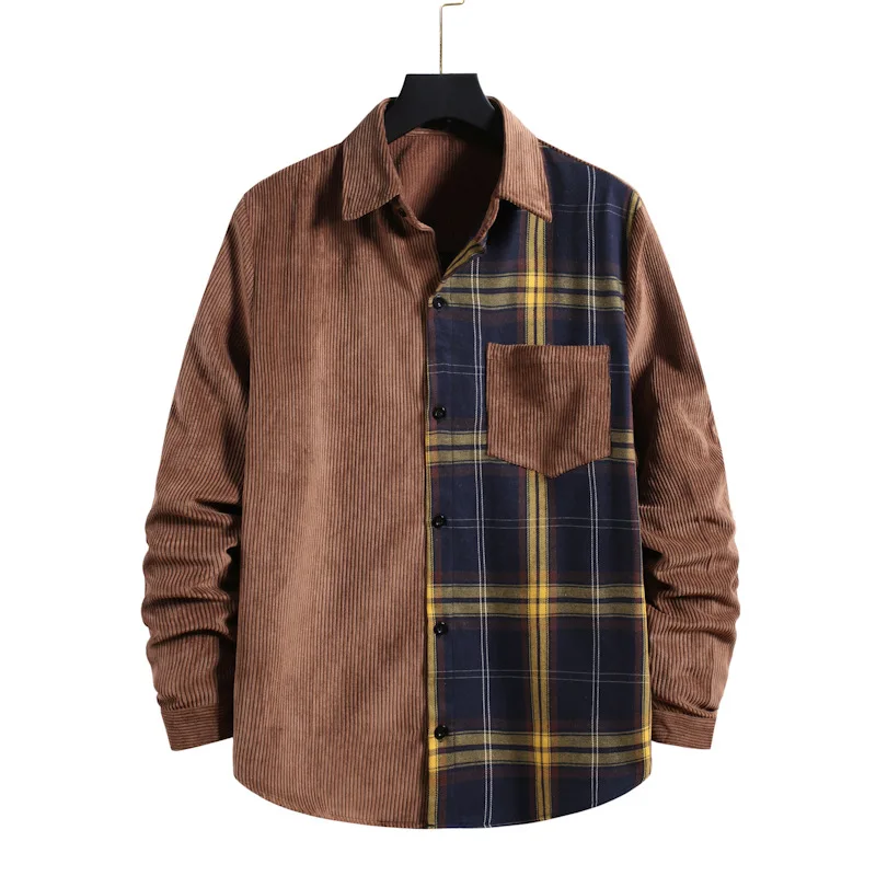 

Autumn Men Patchwork Plaid Dress Shirt 2021 Fashion Corduroy Long Sleeve Button Down Shirts Harajuku streetwear