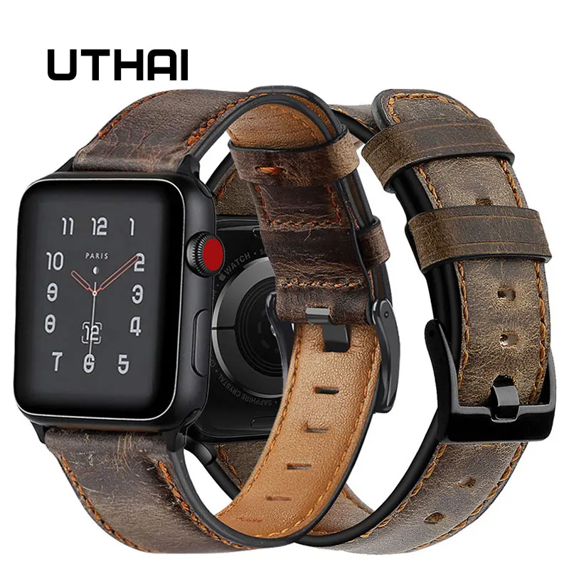 

Cowhide vintage leather strap For apple watch band 40 44mm iWatch bracelet belt watchband apple watch series 4 3 5 SE 6 7 UTHAI