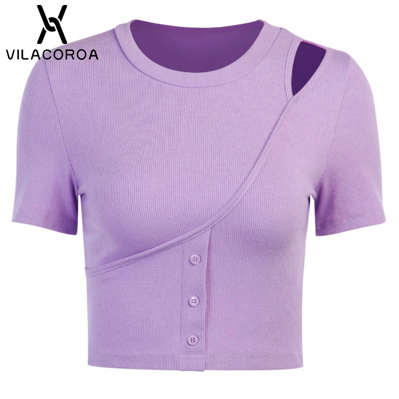 

Purple o Neck Short Sleeve Button Women T-Shirt Hollow Basic Casual Skinny Crop Tops Cotton Soft Streetwear Female Tee-Shirt