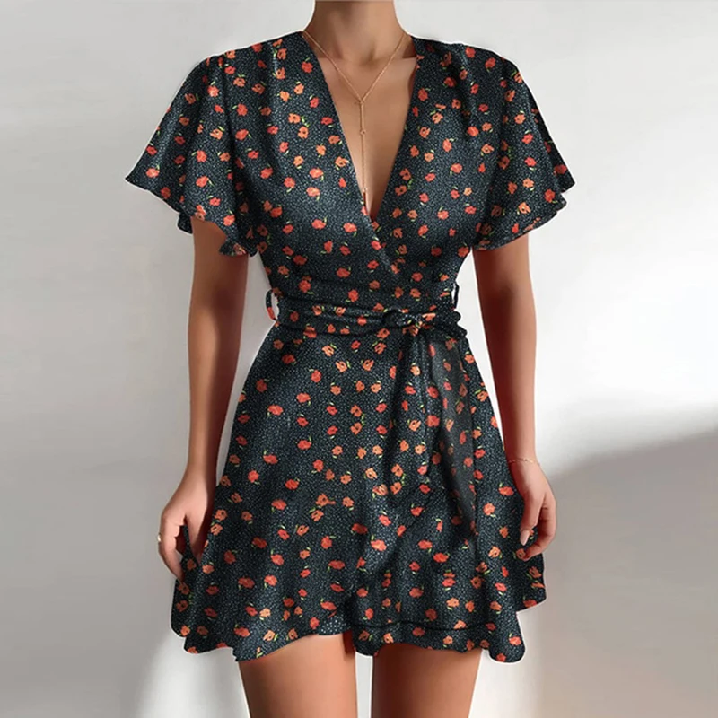 

Женское винтажное платье в горошек, красное платье мини с рукавом-бабочкой, V-образным вырезом, высокой талией и поясом, лето 2021