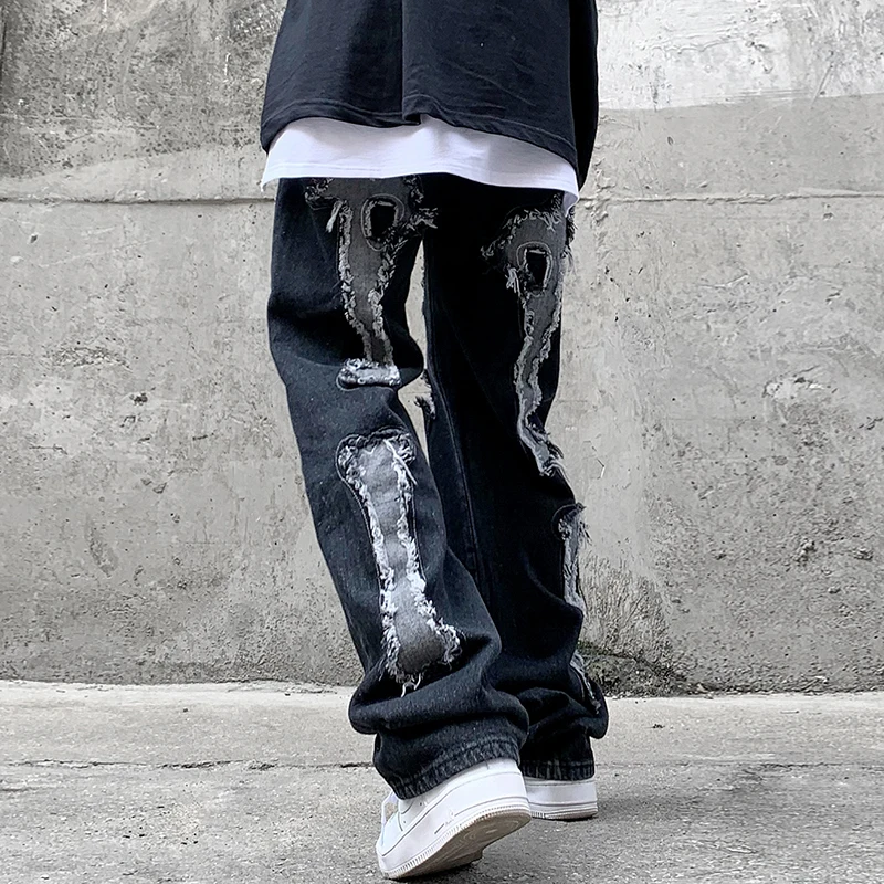 

High Street Back Bone Embroidery Ripped Hole Jeans Pants Men and Women Oversize Straight Black Casual Vibe Denim Trousers