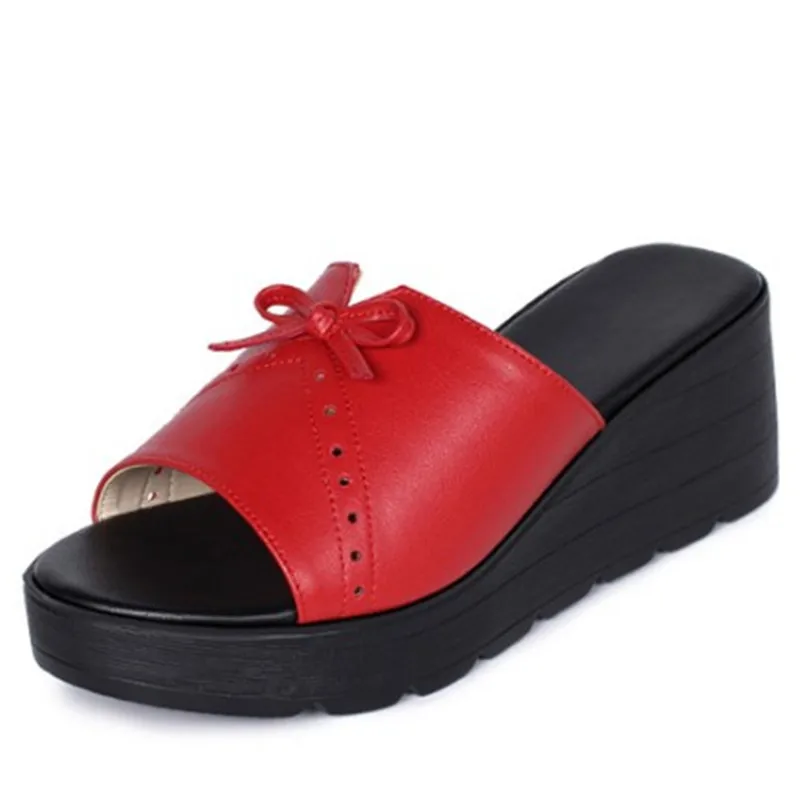 

2020 Summer Elegant Bow Genuine Leather Slippers Summer Women's Sandals High Heel Wedge Increase Shoes Women Slippers Large Size
