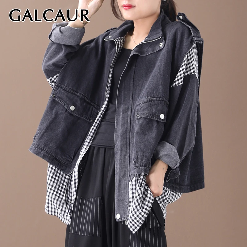 

GALCAUR женская джинсовая куртка с отложным воротником рубашки в клетку с длинными рукавами в стиле «пэчворк» для хит Цвет в Корейском стиле по...