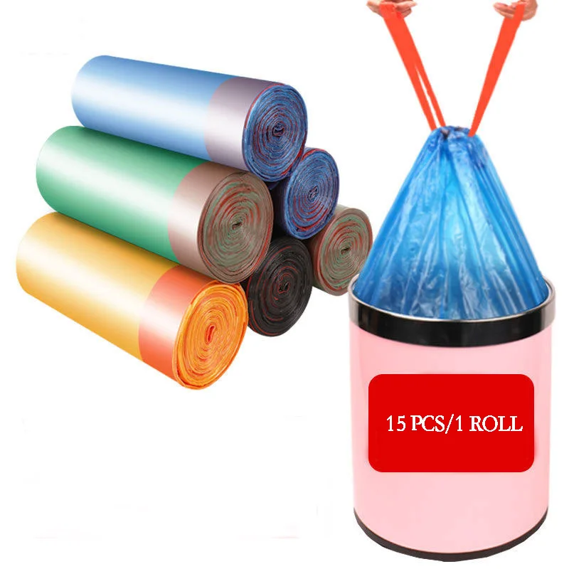 

1Roll High Quality Trash Bags Garbage Bag Storage Kitchen Garbage Box 15pcs/roll Household Disposable PE Drawstring Handles