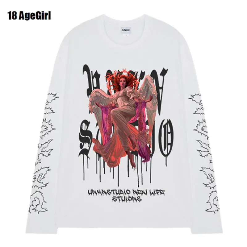 

Solid Color Loose T-shirt Sweater Angel Demon Print Dark Retro Ins Trend Men and Women Round Neck Long-sleeved T-shirt Sweater