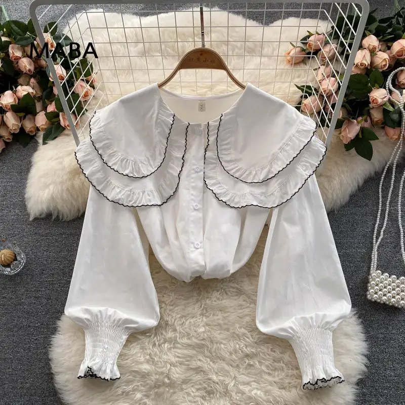

2021 Spring Autumn New Women's White Black Cotton Cute Shirt Peter Pan Collar Puff Sleeve Loose Solid Preppy Style Casual Shirt