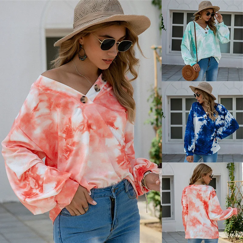 

2020 Women Tie Dye Sweatshirts Autumn Thin Long Sleeve V-Neck Button Loose Casual Plus Size Pullover Streetwear Fashion Female