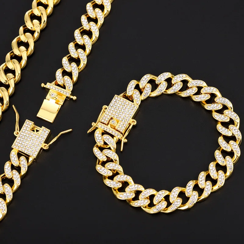

Iced Out Crystal Rhinestone Bracelet Miami Cuban Chain Hip Hop Gold Silver Color Bracelet for Mens Women 2021 Fashion Jewelry