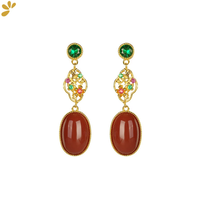

GEEZENCA S925 Silver Goldplated Agate Zircon Stud Earrings For Women Hollow Flower Retro Court Style Gemstone Earring Fine Jewel