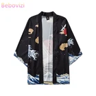 2020 СВОБОДНЫЙ Модный Черный кран самурая Харадзюку японское кимоно стиль женские мужские Топы Рубашки азиатская одежда летний пляжный кардиган