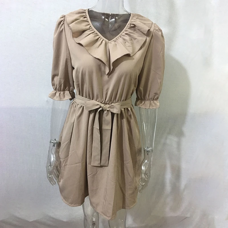 

Summer V-Neck Ruffles Half Sleeve Lace Up Mini Dress Women Casual Loose Elastic Waist Solid White A-Line Dress Party Vestidos