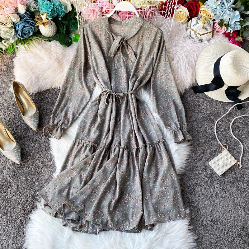 Летнее платье с цветочным принтом и длинным рукавом шифоновое пляжное бантом для
