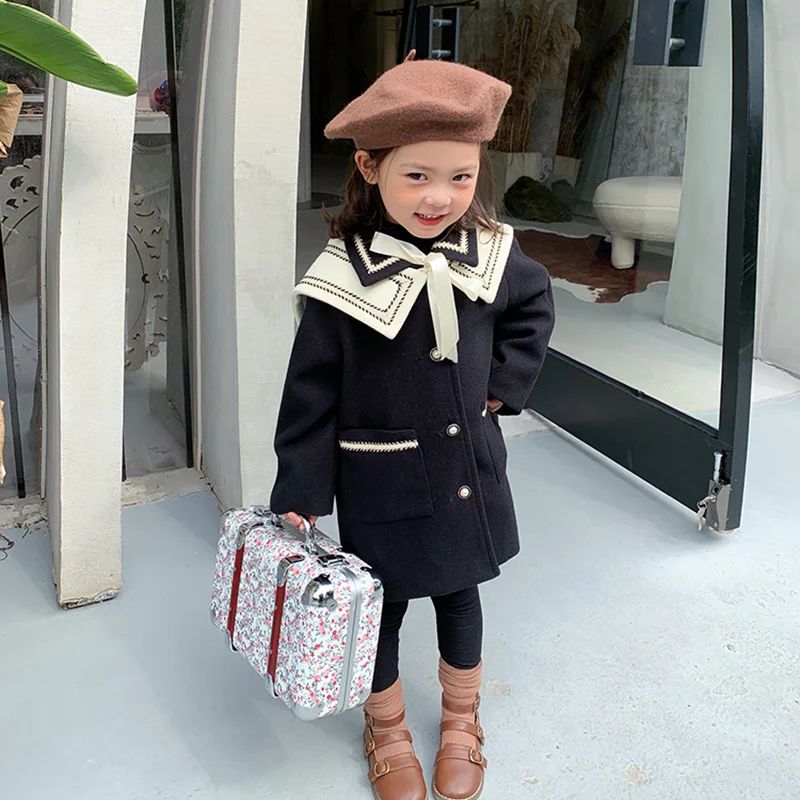 

Mila Chou 90-140 Cm Spring Autumn Winter Girls England Thick Long Fashion Coat Baby Kids Woolen coat Children Jacket Outerwear