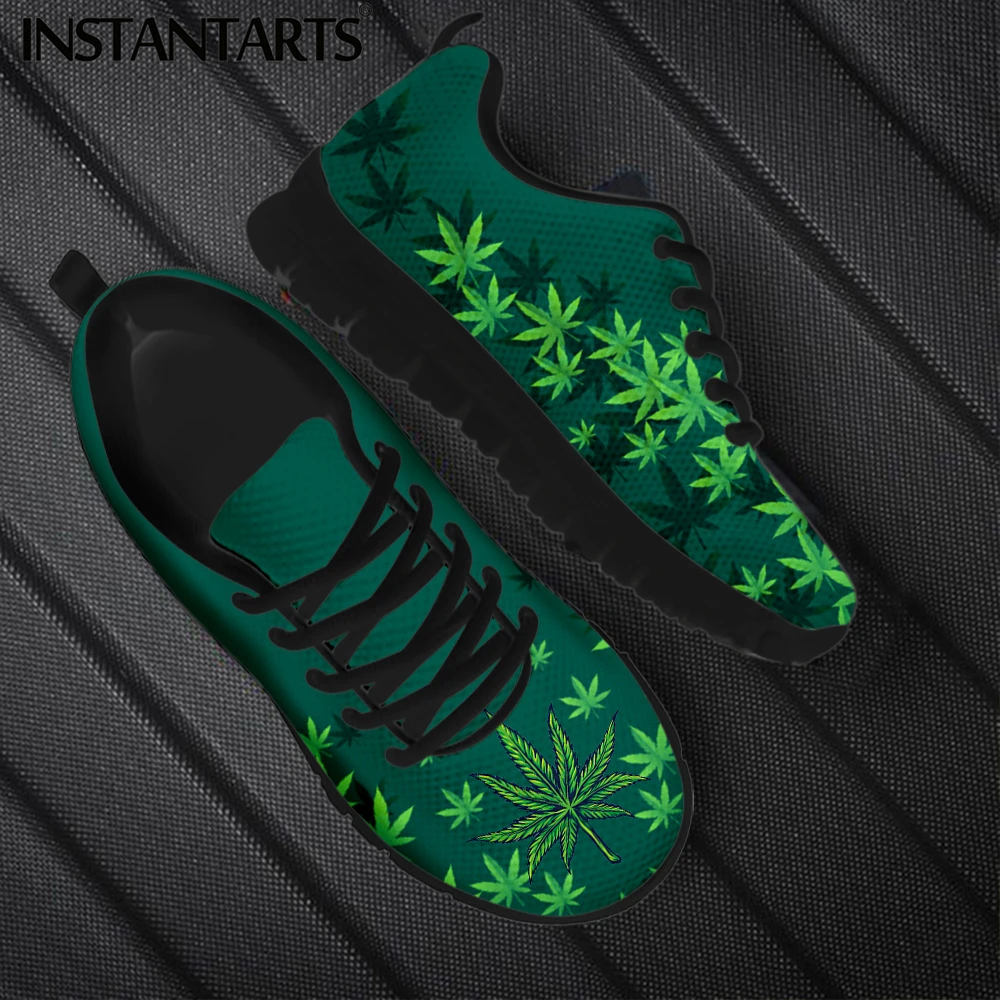 

INSTANTARTS Spring Autumn Soft Warm Flat Shoes Green Weed Leaves 3D Printed Women Casual Sneakers Lace up Footwear Zapatillas