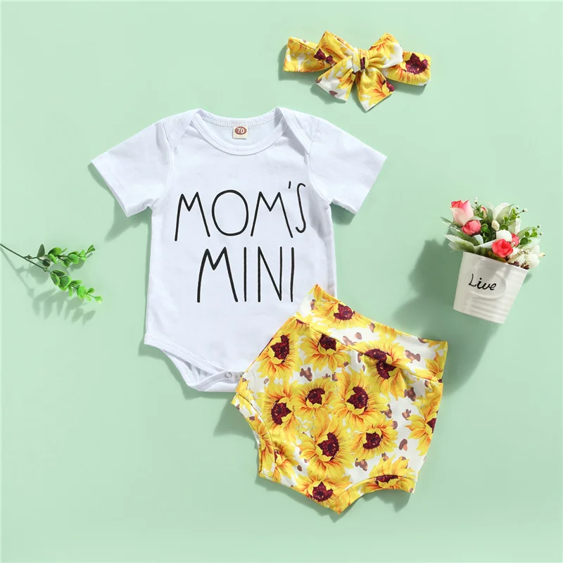 

3 шт. 0-18Months для новорожденных девочек детский комбинезон с короткими рукавами + шорты + повязка на голову с бантом, с принтом в виде подсолнух...