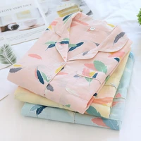 100 cotton womens home clothes lovely feather printed pajamas home suit female spring gauze sleepwear set plus size loungewear