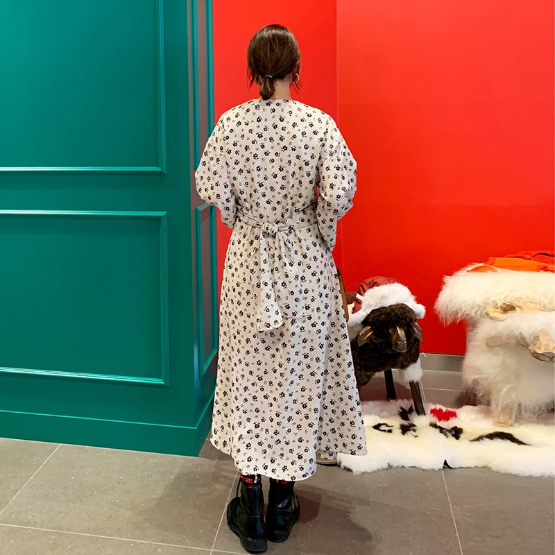 

Korean Chic Early Spring Retro Elegant Small V-neck Waist-Controlled Slimming Lace-up Cute Youth-Looking Floral Long Dress