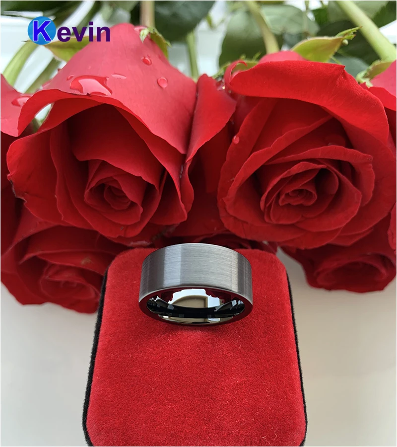 Черный обручальное кольцо Вольфрам Engragement с начесом и плоский ленточный 10 мм|ring