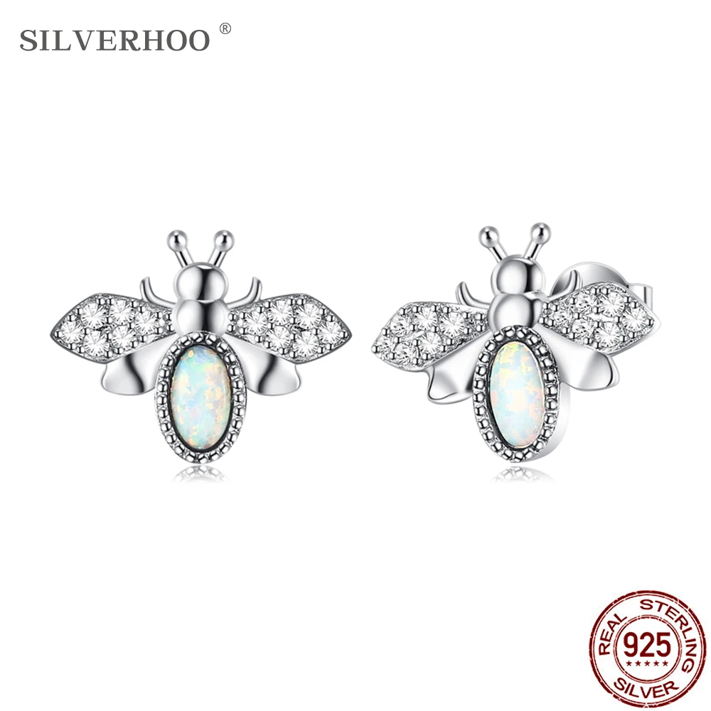 

SILVERHOO S925 Sterling Silver Earrings Cubic Zirconia Cute Bee Stud Earring For Women Colorful Opal Fine Jewlery Beautiful Gift