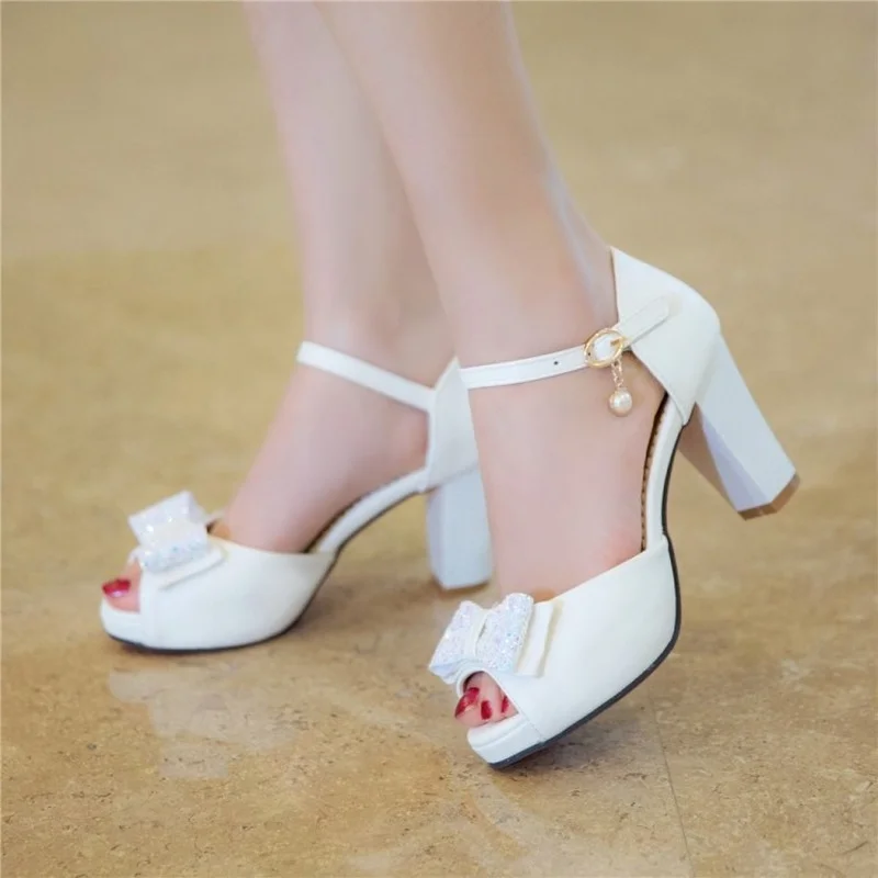 

Female Sandals Big Size 34-43 New Sweet Style Cute Bow Leather Thick High Peep Toe Platform Sandals Women Summer Shoes