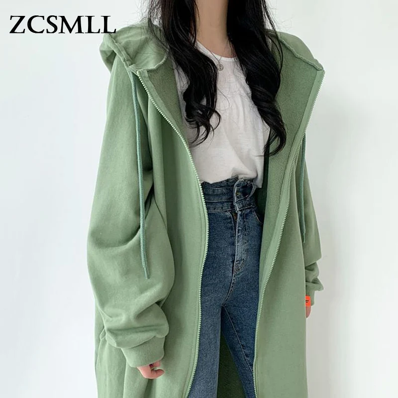 

ZCSMLL Niche Wild Hooded Drawstring Zipper Design Loose Casual Mid-length Sweater Coat Women Korea Autumn Winter Jacket