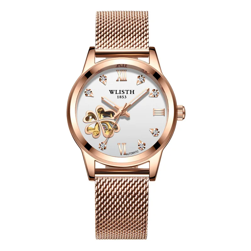 

Women Mechanical Watch Ladies Milan Strap Korean Heart-shaped hollow Waterproof Mechanical Diamond Female Watch