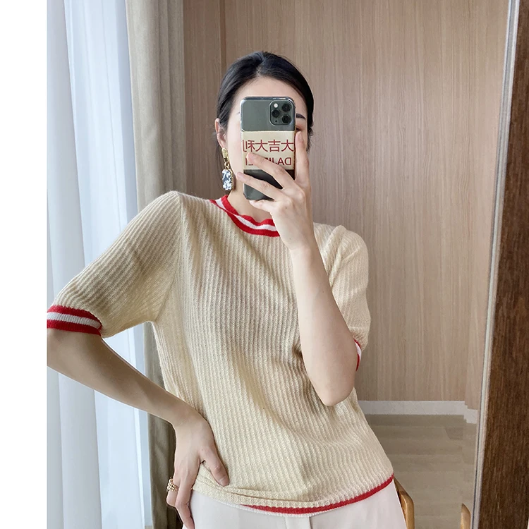 

New Superfine baby Mohair hollow jacquard + stripe knitted T-shirt for women 809m019