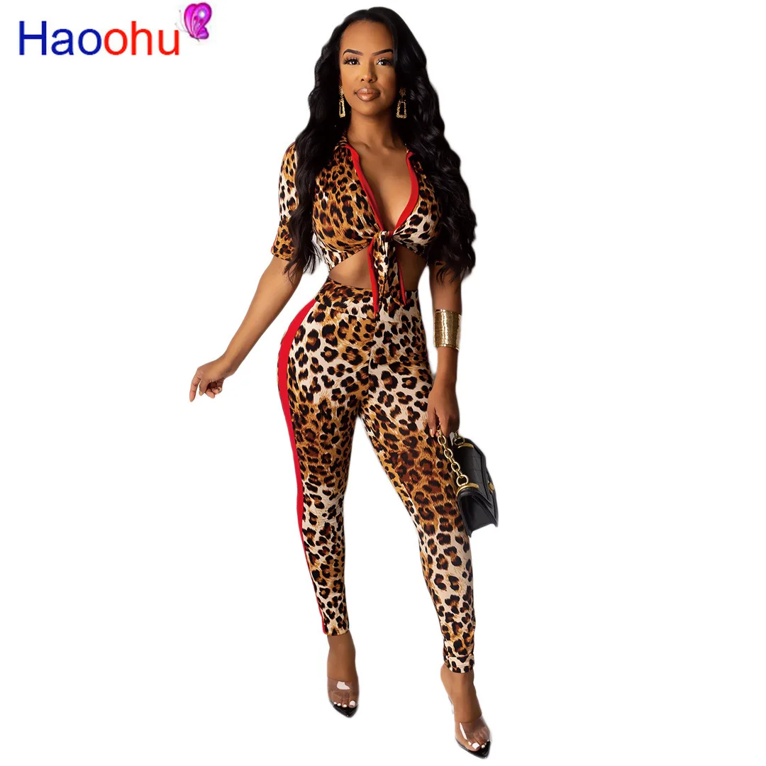 

HAOOHU Sexy Leopard Print 2 Piece Set Bandage Half Sleeve Crop Top+Side Striped Pants Suit Streetwear Club Outfits Matching Set