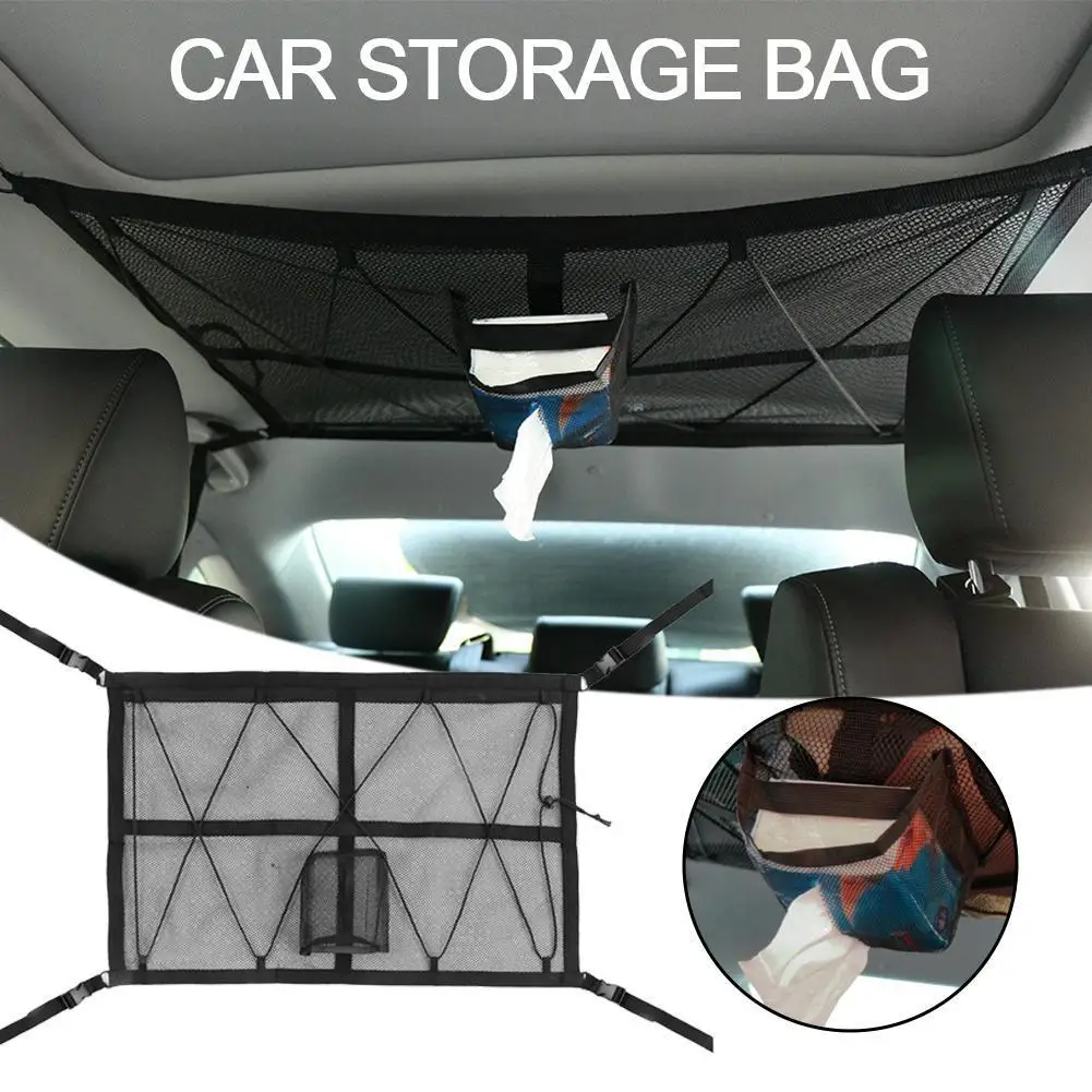 

Portable Car Ceiling Storage Net Pocket-Universal Roof Interior Cargo Net Bag With Zipper Trunk Pouch Sundrie Storages Organizer