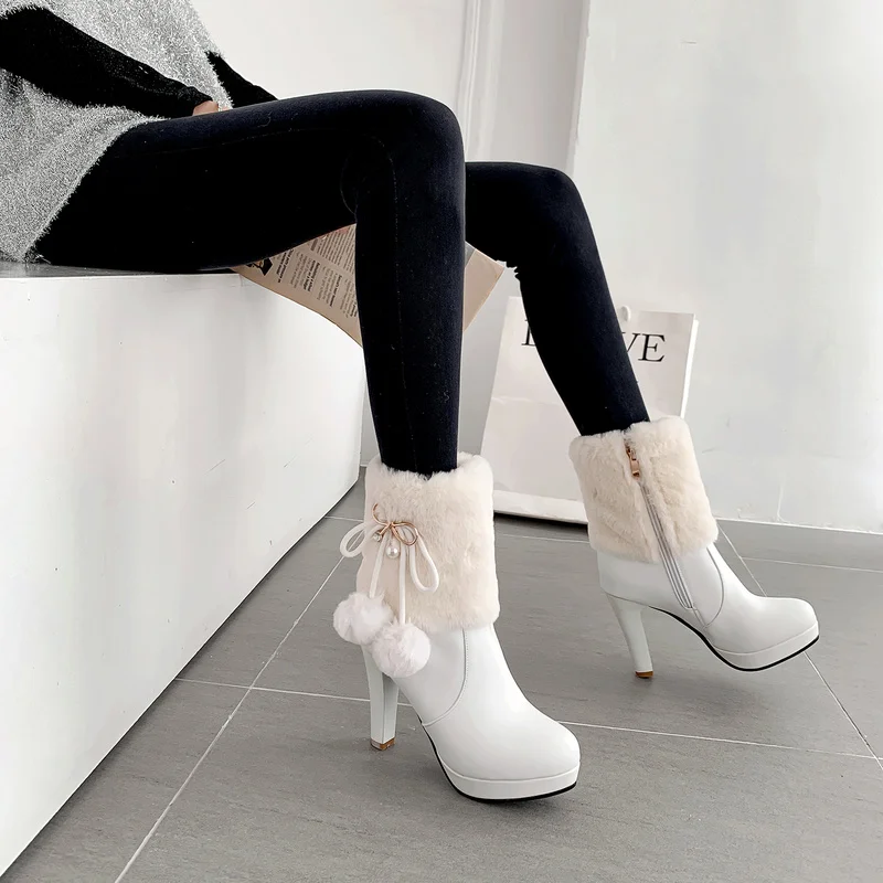 

Women's Winter ankle Boots Metal butterfly-knot with Plush pendant shoes ladies fur booties high heels zipper martin boots