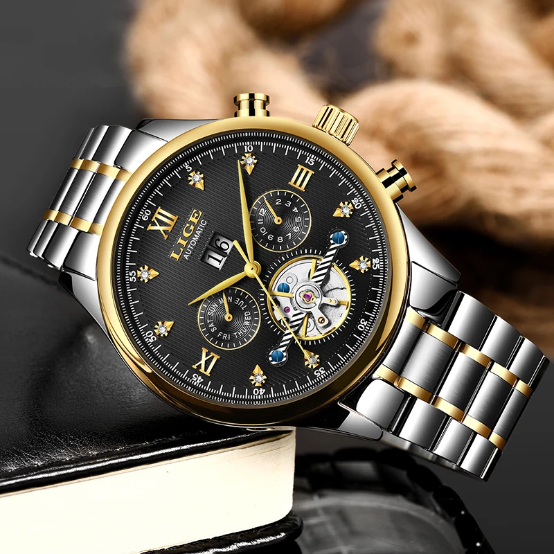 Часы наручные LIGE Мужские автоматические брендовые Роскошные модные деловые