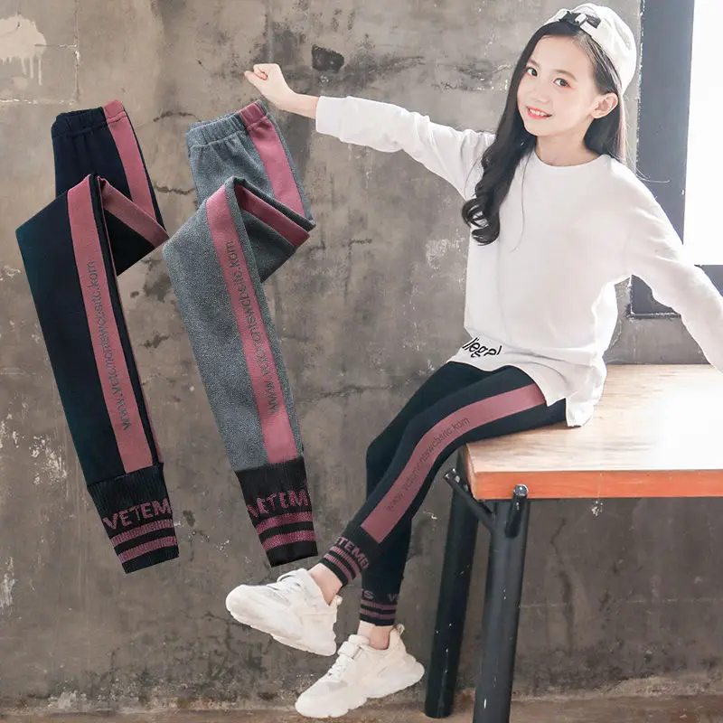 Зимние леггинсы для девочек модные хлопковые утепленные штаны в полоску с