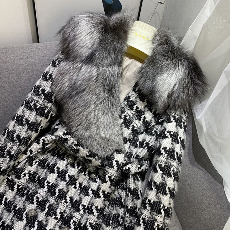 TOP Quality 2021 winter new Fashion female Trend Luxurious silver Fox fur parka Women's Large real fur Long Tweed wool coat