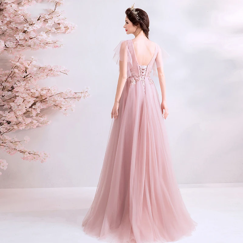 2021 Новый Праздничное платье с низким вырезом на спине розовое кружевное v