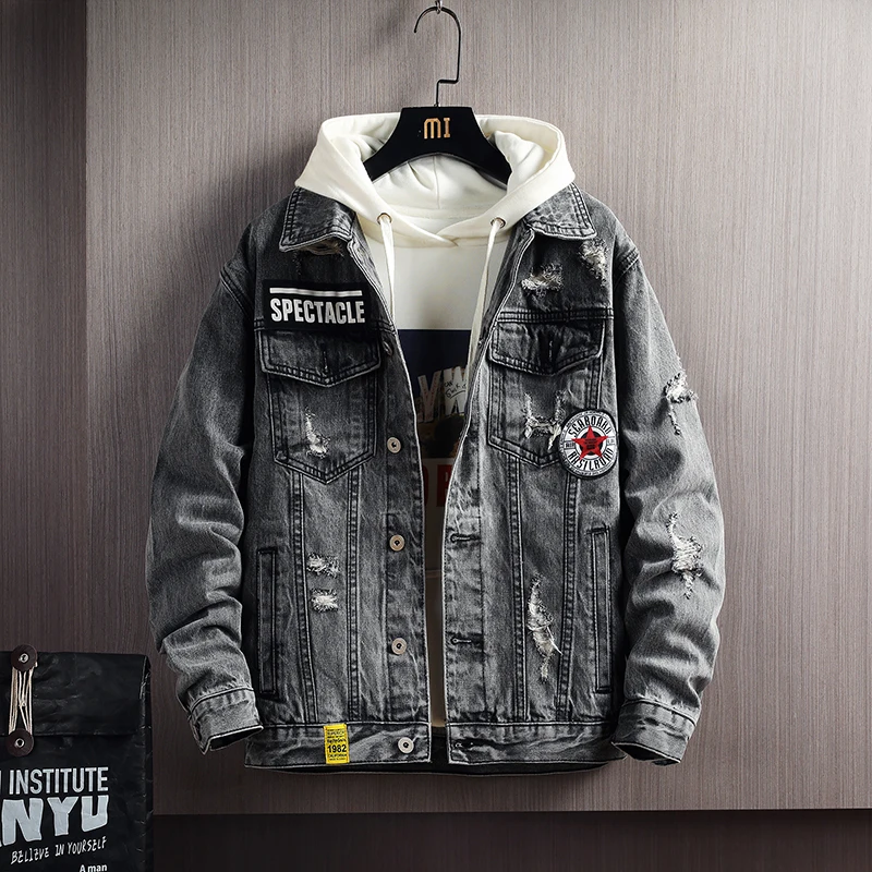 

2021 Brand clothing Men's spring broken hole design Casual denim jacket/Male slim fit Fashion cotton cowboy jackets