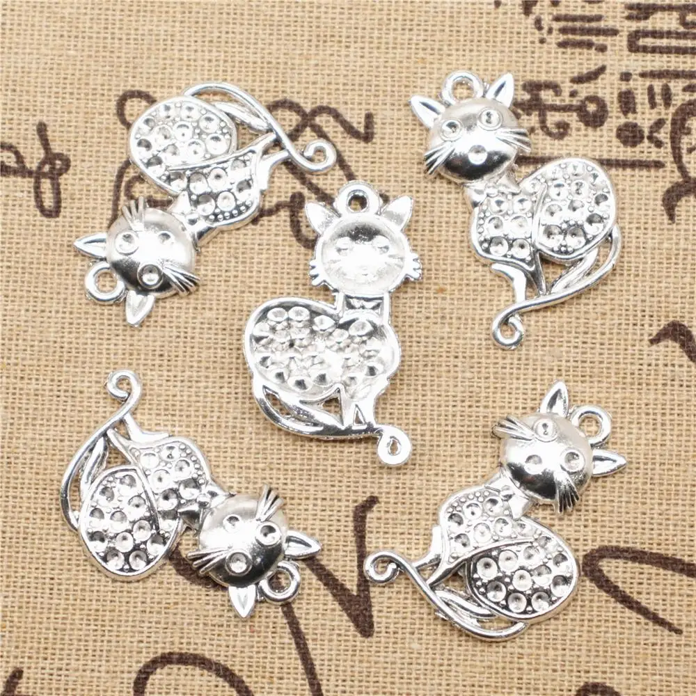

Charms for jewelry making 3pcs 23x37mm antique silver color Cat charms